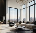 Design modern living room interior. modern living room features high ceilings, large windows, and stunning city views. Royalty Free Stock Photo
