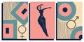 Design in a modern mid-century style. A set of posters with symbols and a female silhouette, with an antique texture