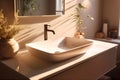 interior faucet sink design tile bathroom modern counter luxury house sunlight. Generative AI.