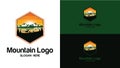 Design mountain background with deer inside and a pine tree. Logo design Template. Vector illustration.