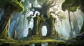 Design a mystical ancient forest with towering, moss-covered trees, hidden ruins, and mythical creatures