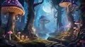 Design a mystical forest scene with ancient, towering trees, glowing mushrooms, and fairies dancing in the moonlight