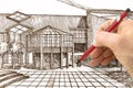Design a new building - Engineer-architect drawing with a pencil a sketch of a new building - concept image