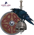 Design with Nordic sword, shield, Viking helmet and sitting on it Raven