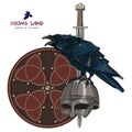 Design with Nordic sword, shield, Viking helmet and sitting on it Raven