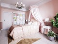 Design of a nursery for a girl in pink colors in a classic style with a beautiful four-poster bed and a white rack with books and