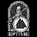Design in Old Norse style. Ancient Norse God Wotan with sword and shield. Written in runes Biflindi, the name of the God
