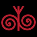 Design in Old Norse style. Runic symbol, Algiz rune and spiral ornament