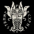 Design in Old Norse style. Supreme God Odin, two Crows and runic signs drawn in the Celtic-Scandinavian style Royalty Free Stock Photo