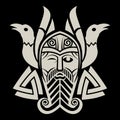 Design in Old Norse style. Supreme God Odin, two Crows and runic signs drawn in the Celtic-Scandinavian style Royalty Free Stock Photo