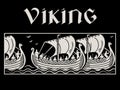 Design in Old Norse style. Viking warships sailing the stormy sea and the Viking inscription in the Gothic style