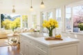 Design an open and airy kitchen with pale yellow walls and windows Royalty Free Stock Photo