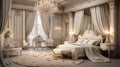 Design an opulent luxury bedroom with a king-sized canopy bed, silk drapes, and crystal chandeliers, exuding timeless elegance