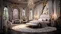 Design an opulent luxury bedroom with a king-sized canopy bed, silk drapes, and crystal chandeliers, exuding timeless elegance