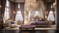Design an opulent luxury bedroom with a king-sized canopy bed, silk drapes, and crystal chandeliers, exuding timeless elegance