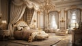 Design an opulent luxury bedroom with a king-sized canopy bed, silk drapes, and crystal chandeliers, exuding timeless elegance