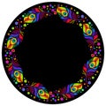 Ornament for round product, bright feather and flowers in the style of stained glass on a dark background