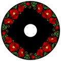 Illustration with ornament for round product, bright red puppy flowers in the style of stained glass on a dark background Royalty Free Stock Photo