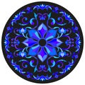 Ornament for round product, flowers in the style of stained glass on a dark background,tone, blue Royalty Free Stock Photo