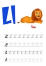 Design page layout of the English alphabet to teach writing upper and lower case letter L with funny cartoon Lion. Flat