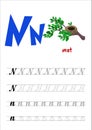 Design page layout of the English alphabet to teach writing upper and lower case letter N with funny cartoon Nest. Flat