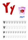 Design page layout of the English alphabet to teach writing upper and lower case letter Y with cartoon yogurt. Flat