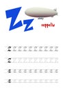 Design page layout of the English alphabet to teach writing upper and lower case letter Z with funny cartoon Zeppelin