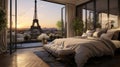 Design a Parisian chic luxury bedroom with a wrought-iron bed, silk drapes, and a balcony overlooking the Eiffel Tower