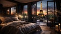 Design a Parisian chic luxury bedroom with a wrought-iron bed, silk drapes, and a balcony overlooking the Eiffel Tower