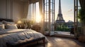 Design a Parisian chic luxury bedroom with a wrought-iron bed, silk drapes, and a balcony overlooking the Eiffel Tower