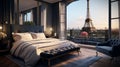 Design a Parisian chic luxury bedroom with a wrought-iron bed, silk drapes, and a balcony overlooking the Eiffel Tower