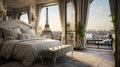 Design a Parisian chic luxury bedroom with a wrought-iron bed, silk drapes, and a balcony overlooking the Eiffel Tower