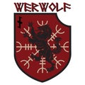 Design patch. Heraldic shield with a Werewolf, Helm of Awe and rune Wolfsangel