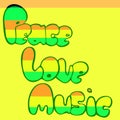 Design of Peace, Love and Music in bubble style in green, yellow and red colors. Vector illustration. Royalty Free Stock Photo