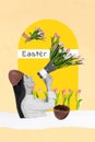 Design picture collage of young girl april spring season easter holiday announcement megaphone bunch tulips isolated on Royalty Free Stock Photo