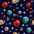 Colorful pixel planets in seamless background