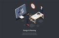 Design And Planning Concept Vector Illustration On Dark Background With Text. Isometric Composition In Cartoon 3D Style