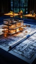 Design plans displayed Blueprint rolls neatly arranged atop table, architectural visualization