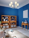 Design of a playroom for a small child, blue, white and orange. Rack with toys and decor and a stylish sofa