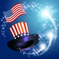 Design postcard for American celebration Independence day with cylinder hat and flag