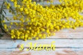 Design of a postcard for International Women's Day. Yellow mimosa flowers and the inscription March 8 in English. Royalty Free Stock Photo