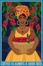 Design of a poster with african woman with a basket harvests arabica coffee beans