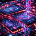 Futuristic Cyberpunk Circuit Board with Glowing Neon Lights and Mobile Devices, HighTech Background for Technology Concept