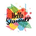 Design print for summer season. Abstract background with silhouettes fruit, lemon, strawberry and mint, geometric