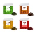 Design product package. Realistic tin boxes with tea, metallic gift pack and black, red and green dry leaves, aluminium