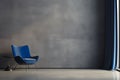 A living room interior mockup with blue chair and curtain. Blank grey concrete wall