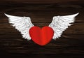 Design red heart with wings. Vector. On woodwn background