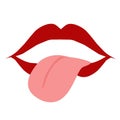 Design a red lip shape with the tongue out. Perfect for sticker, element psoter, banner, greeting card, invitation Royalty Free Stock Photo