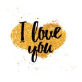 Design romantic card. Card I love you with the decor of heart with golden texture. Love recognition in a minimalist Royalty Free Stock Photo