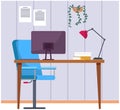 Design of room, space for working in office. Table with laptop and chair in interior of workplace Royalty Free Stock Photo